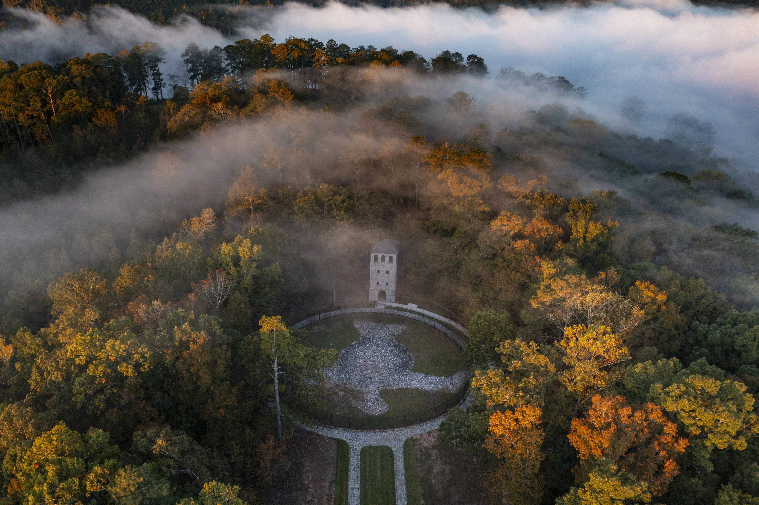 An aerial view of Rock Eagle Effigy Mound.