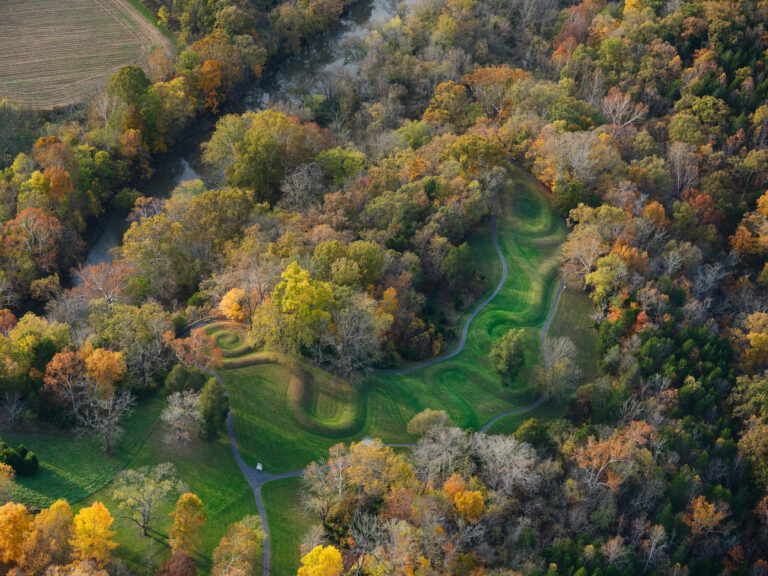 A aerial view of the Great Serpent Mound