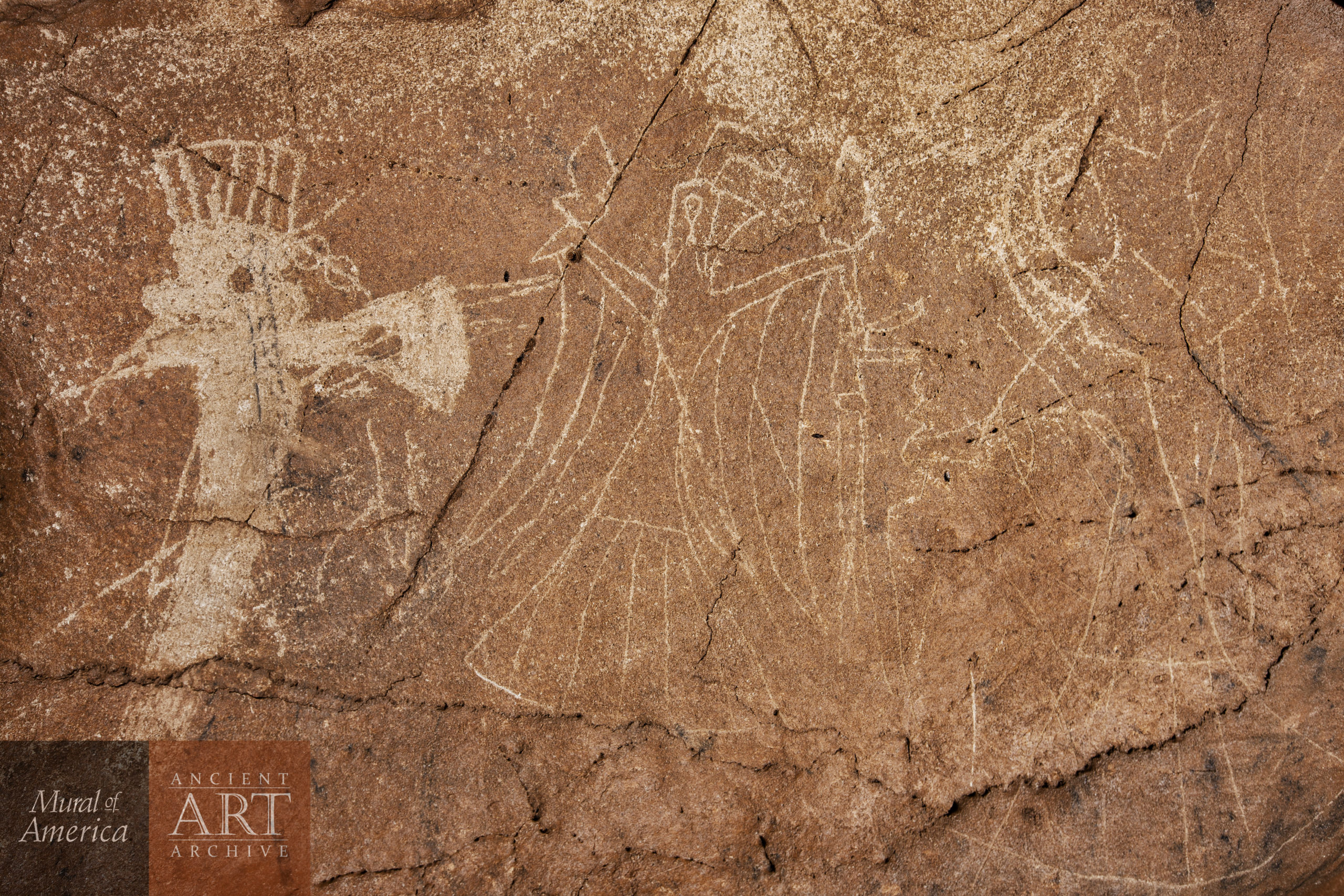 A close up of the "Falcon Warrior Panel" in Devilstep Hollow cave, Tennessee. The Falcon Warrior is a Muscogan war god, the son of Red Horn and also known as Morning Star. The figure is holding a mace and a severed human head.